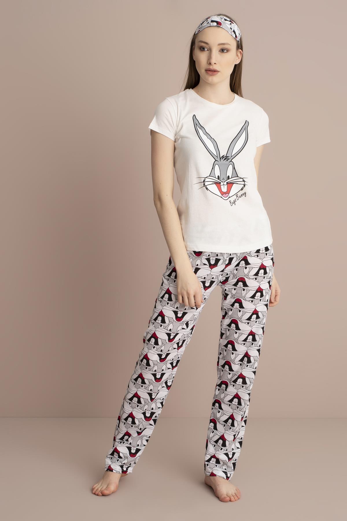Bayan Ekru Kısa Kol Bugs Bunny Baskılı Pijama Takımı 0YBPJTNM005