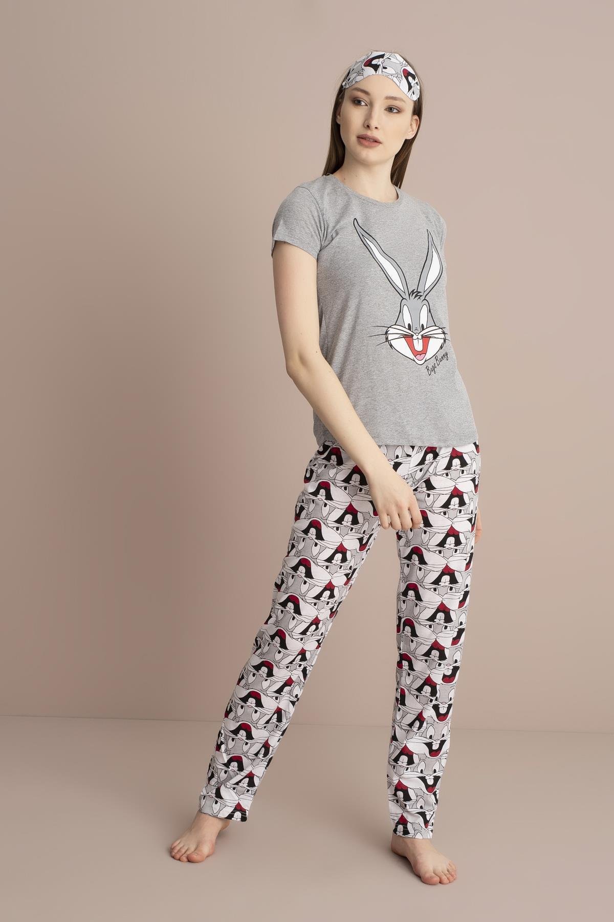 Bayan Gri Kısa Kol Bugs Bunny Baskılı Pijama Takımı 0YBPJTNM005