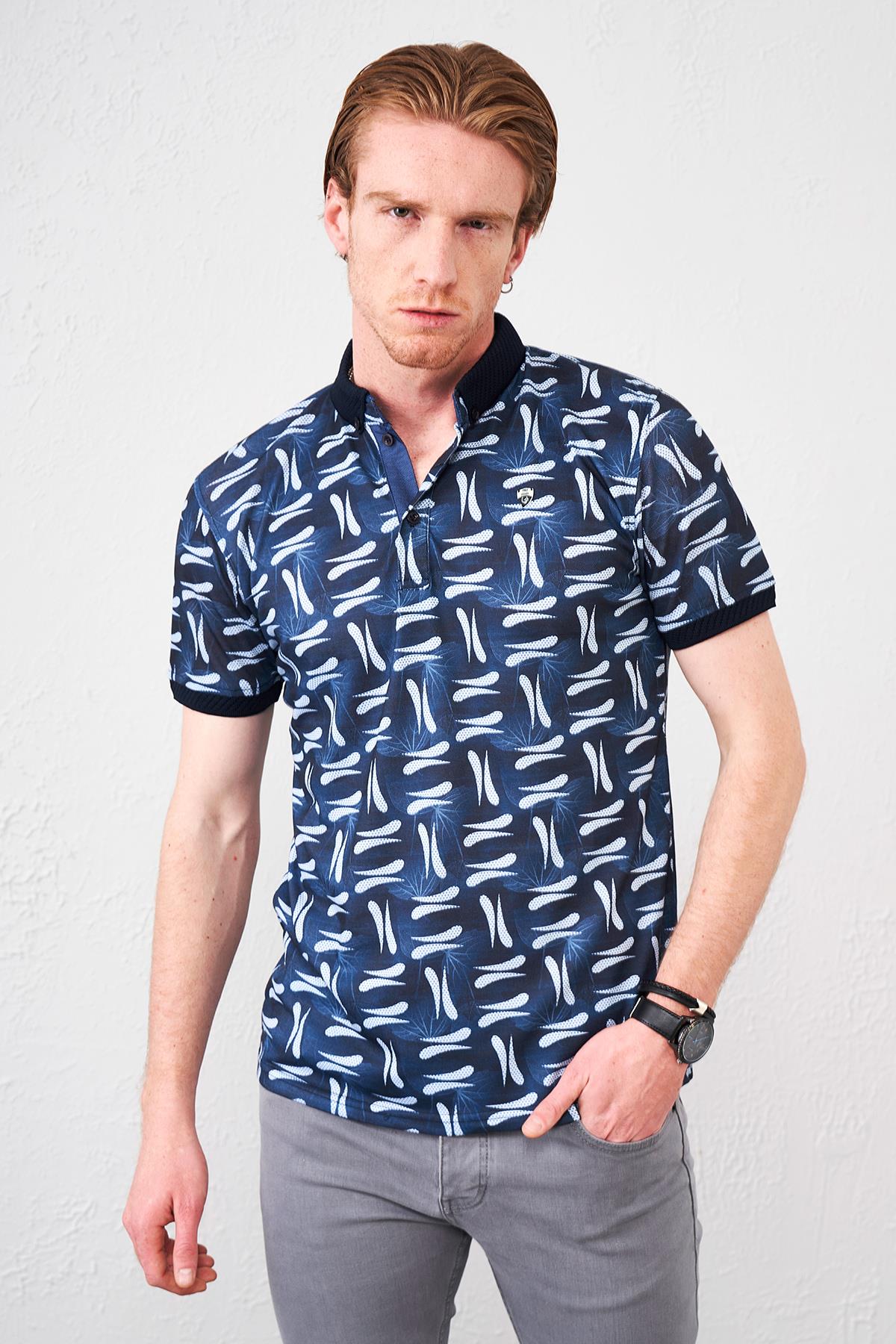 Erkek Lacivert Ayaklı Gömlek Yaka Pike Dijital Yaprak Baskılı Tişört