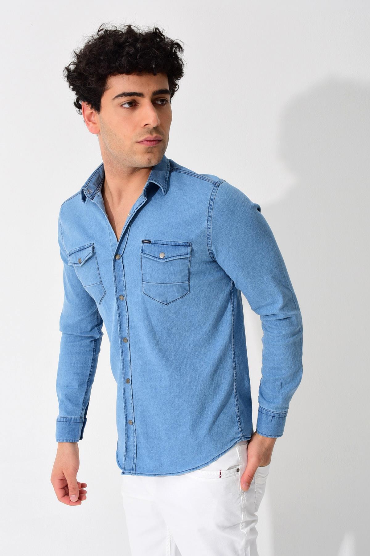 Erkek Mavi Kot Uzun Kol Çift Cepli Çıtçıtlı Gömlek