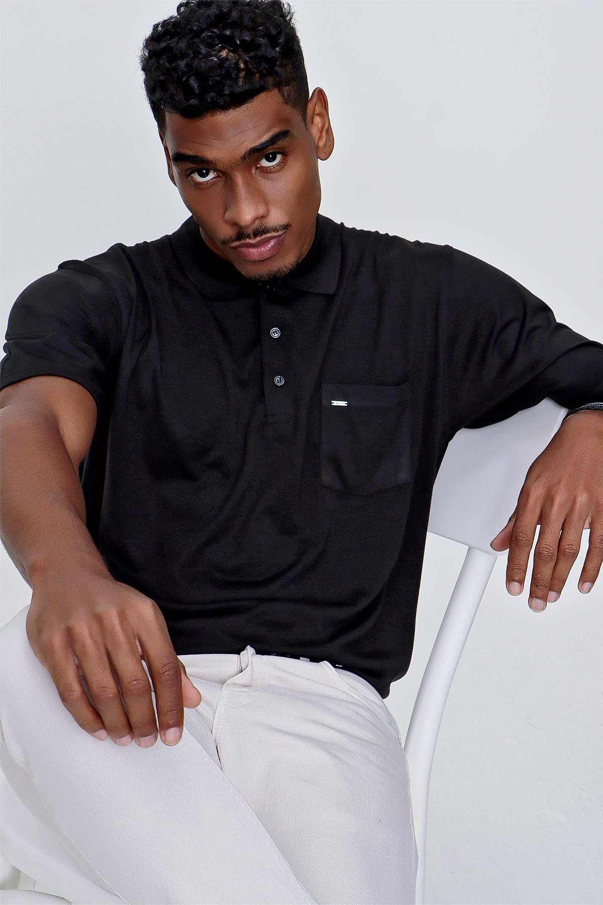 Erkek Siyah Polo Yaka Dior Düz Cepli Regular Tişört