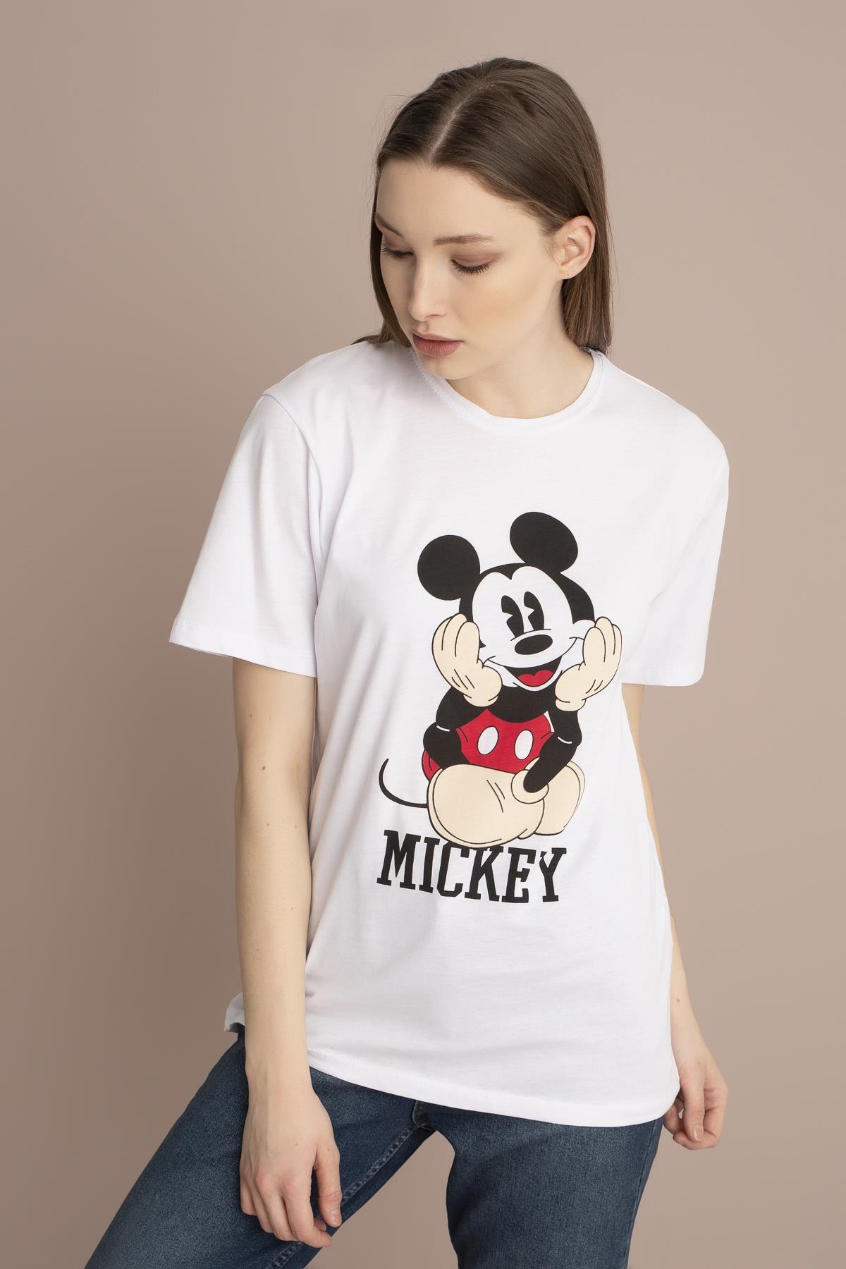 Bayan Beyaz Mickey Mouse Baskılı Tişört 9YBTS1070-5