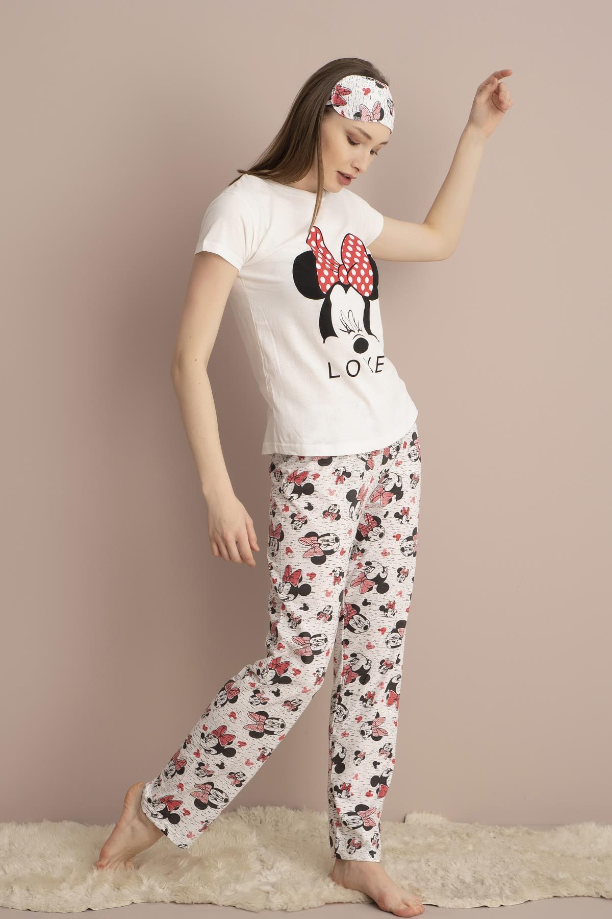 Kadın Ekru Kısa Kol 2. Mickey Mouse Baskılı Pijama Takımı