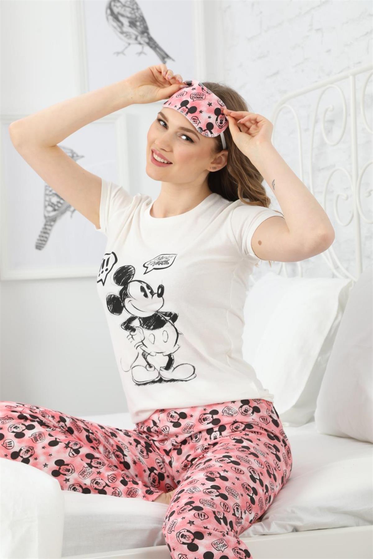 Kadın Ekru Kısa Kol Karakalem Mickey Mouse Baskılı Pijama Takımı