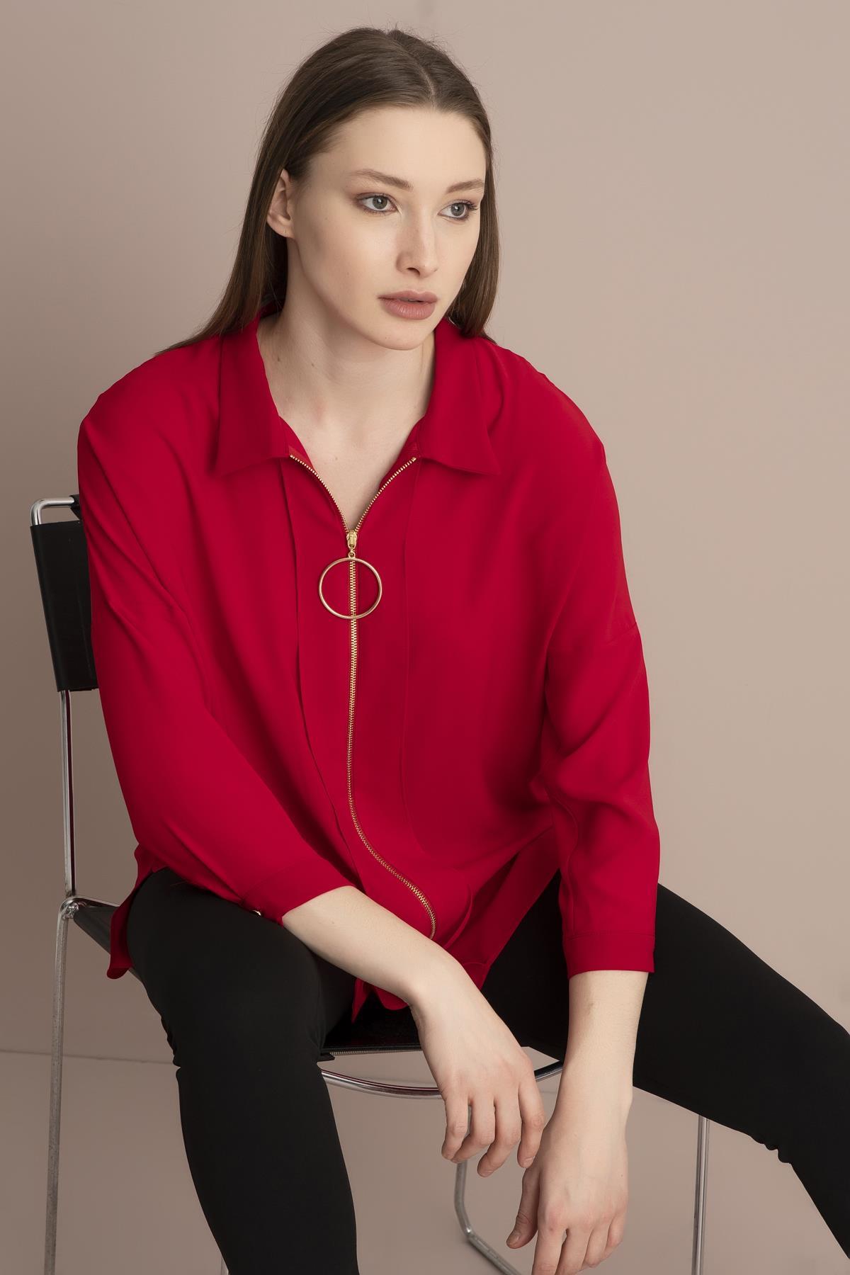 Kadın Kırmızı Fermuarlı Gömlek