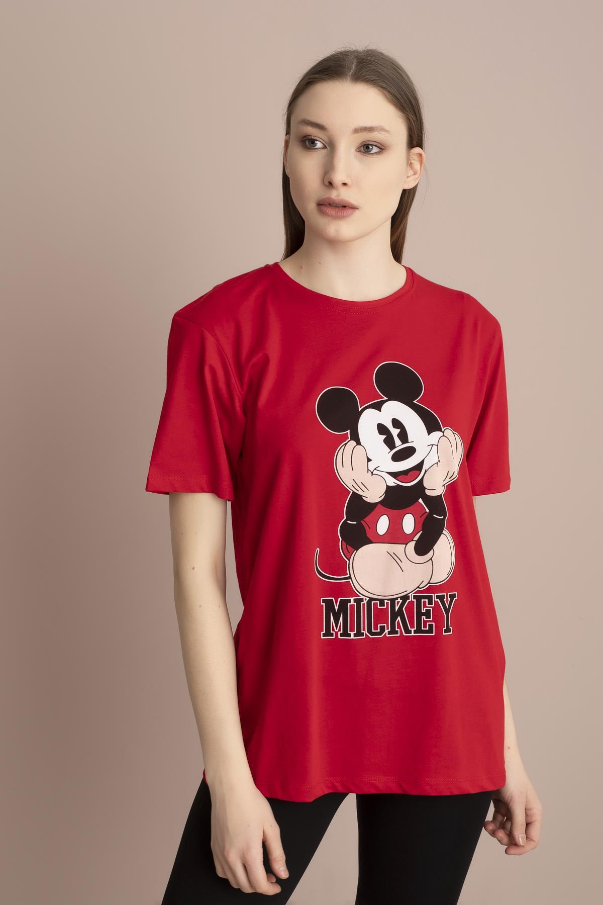Bayan Kırmızı Mickey Mouse Baskılı Tişört 9YBTS1070-5