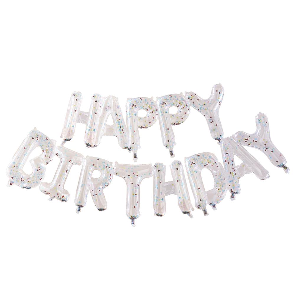 Ginger Ray - Balloon Bunting Brights Confetti Clear Foil - Happy Birthday Balon - Renkli Konfetiler Asılan Süsler