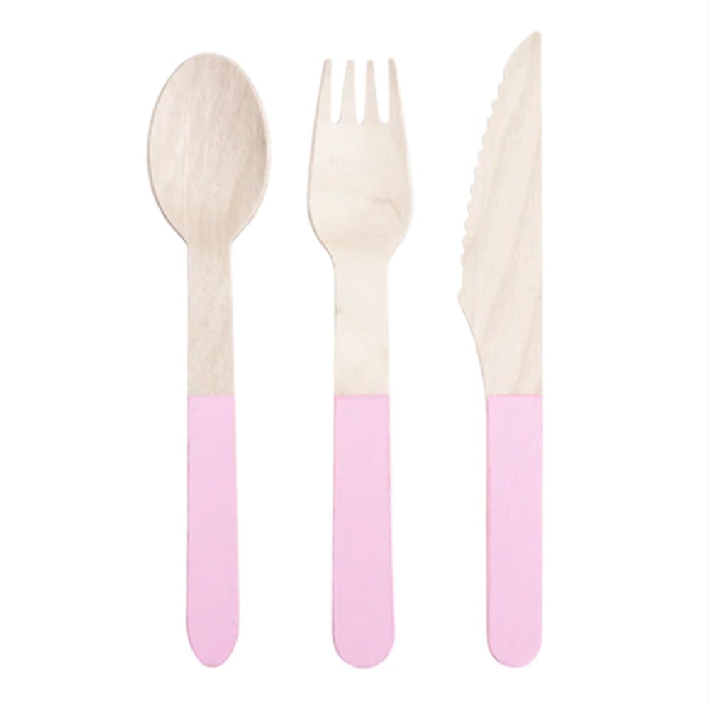 Meri Meri - Pink Wooden Cutlery Set - Pembe Tahta Çatal-Kaşık-Bıçak Set l  Karavan Kids