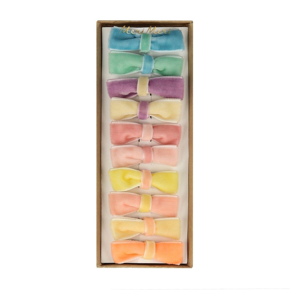 Meri Meri - Pastel Velvet Mini Bow Clips - Pastel Renk Kadife Tokalar - 10'lu Tokalar ve Taçlar