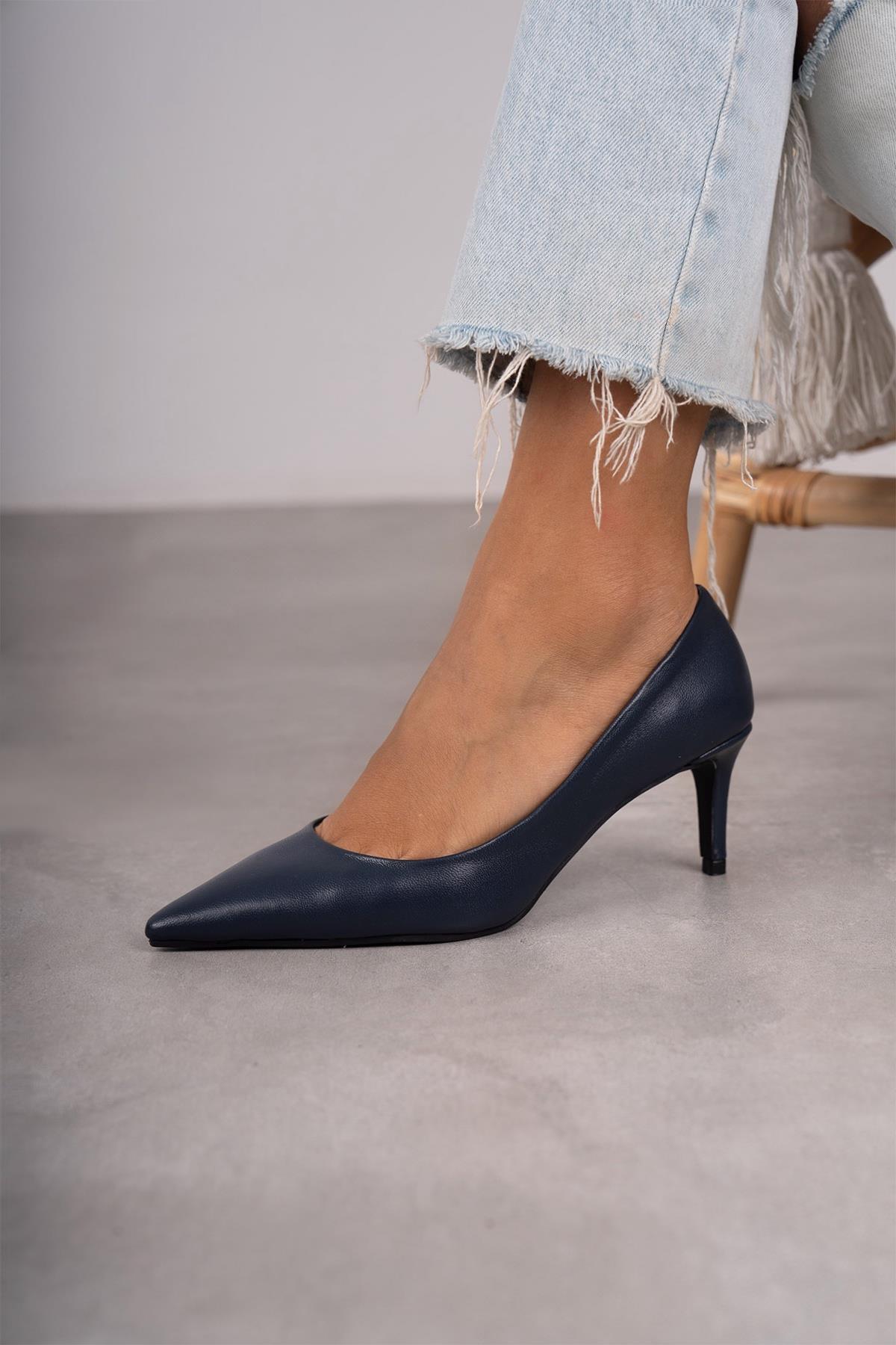 ANNA LACİVERT DERİ HAKİKİ STİLETTO LACİVERT