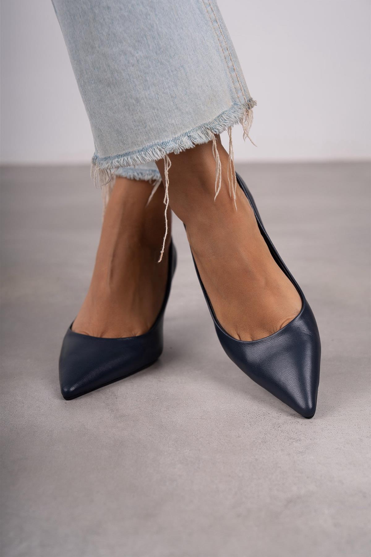 ANNA LACİVERT DERİ HAKİKİ STİLETTO LACİVERT