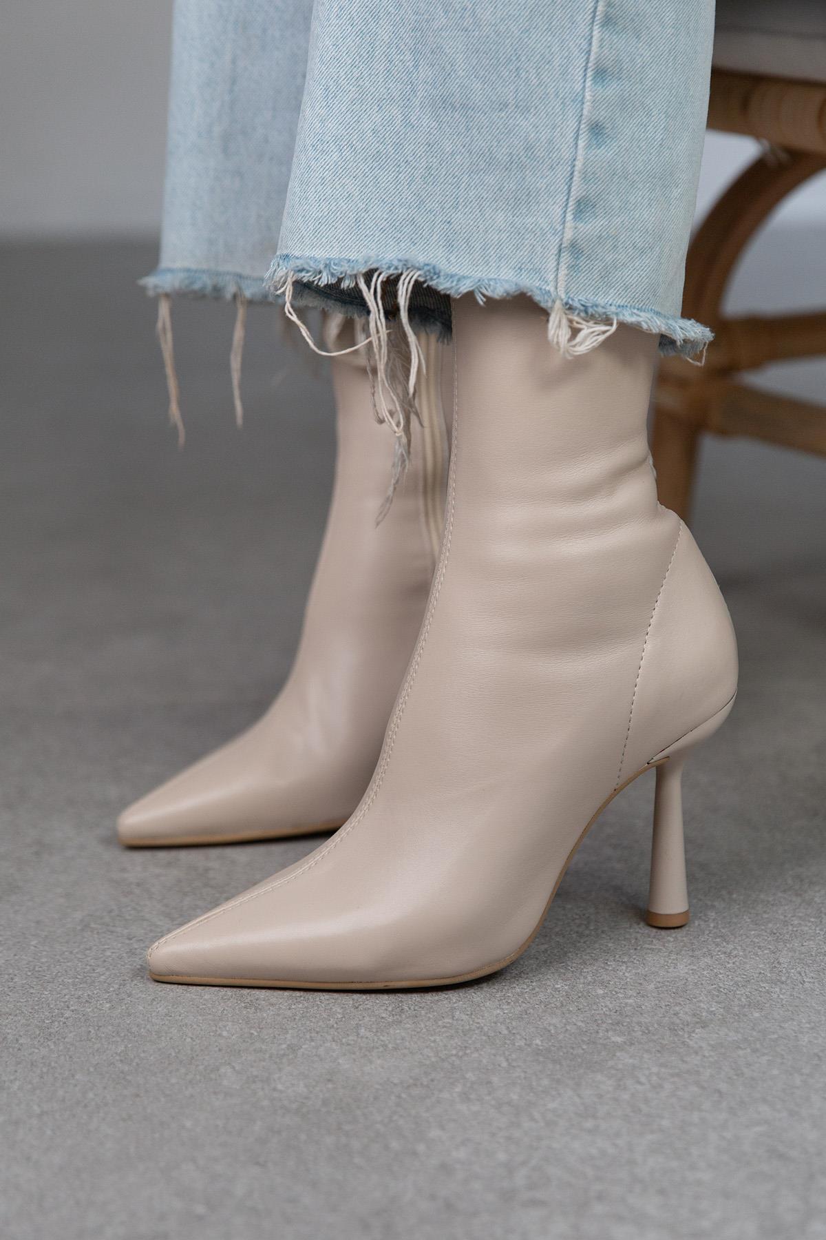 FALL STREÇ EKRU DERİ BOT EKRU