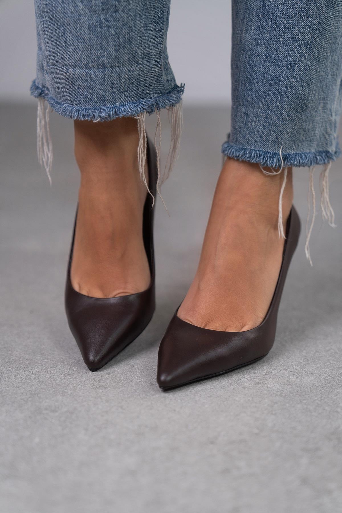 LARA KAHVE DERİ HAKİKİ DERİ STİLETTO KAHVE