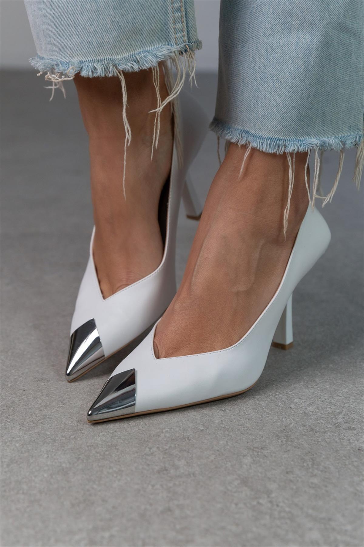 ROCK BEYAZ DERİ STİLETTO BEYAZ