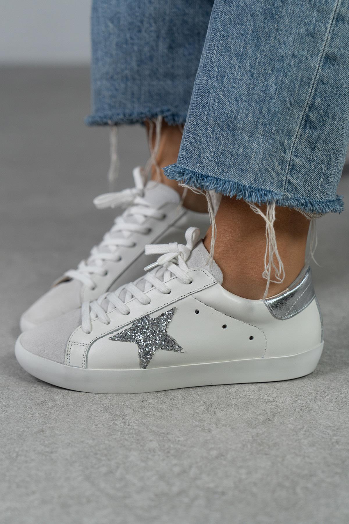 STAR BEYAZ - GÜMÜŞ SNEAKER BEYAZ DERİ