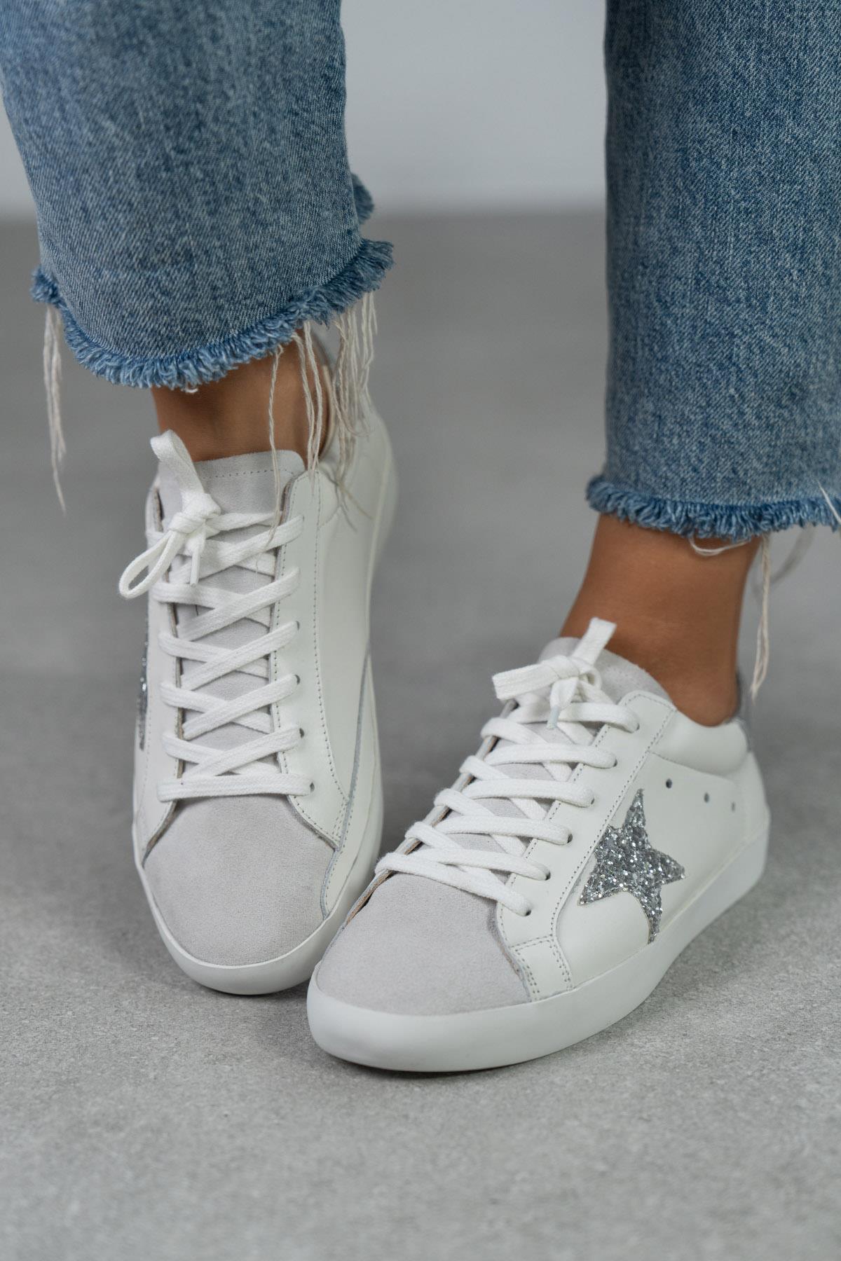 STAR BEYAZ - GÜMÜŞ SNEAKER BEYAZ DERİ