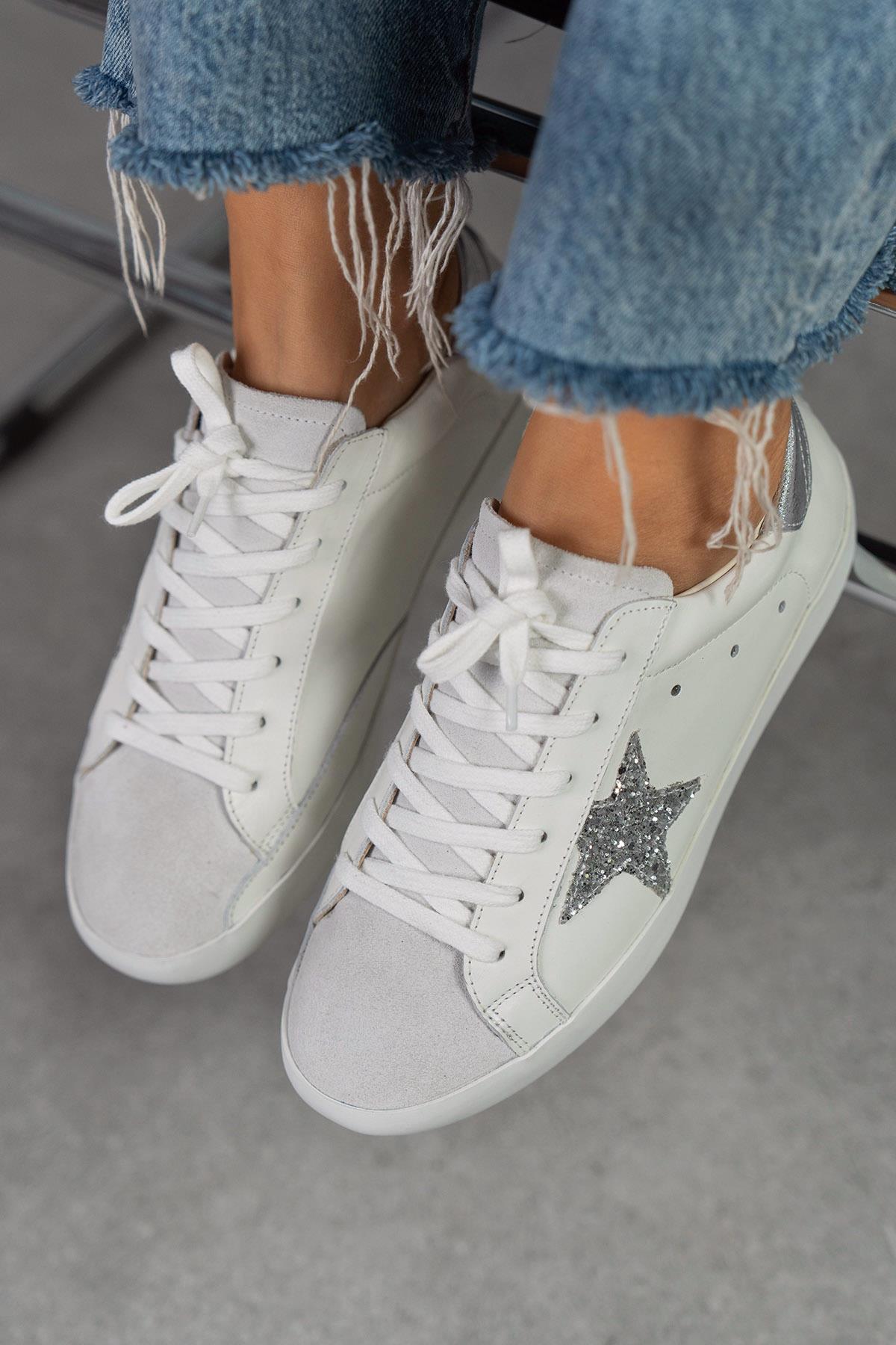 STAR BEYAZ - GÜMÜŞ SNEAKER BEYAZ DERİ