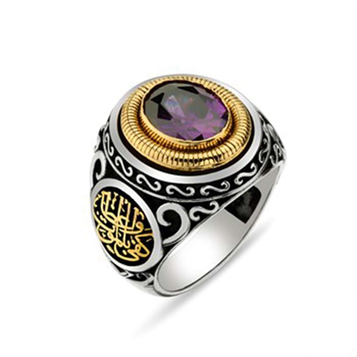 Amatist Kristal Kesimli Taşlı 925 Ayar Gümüş Erkek Yüzük