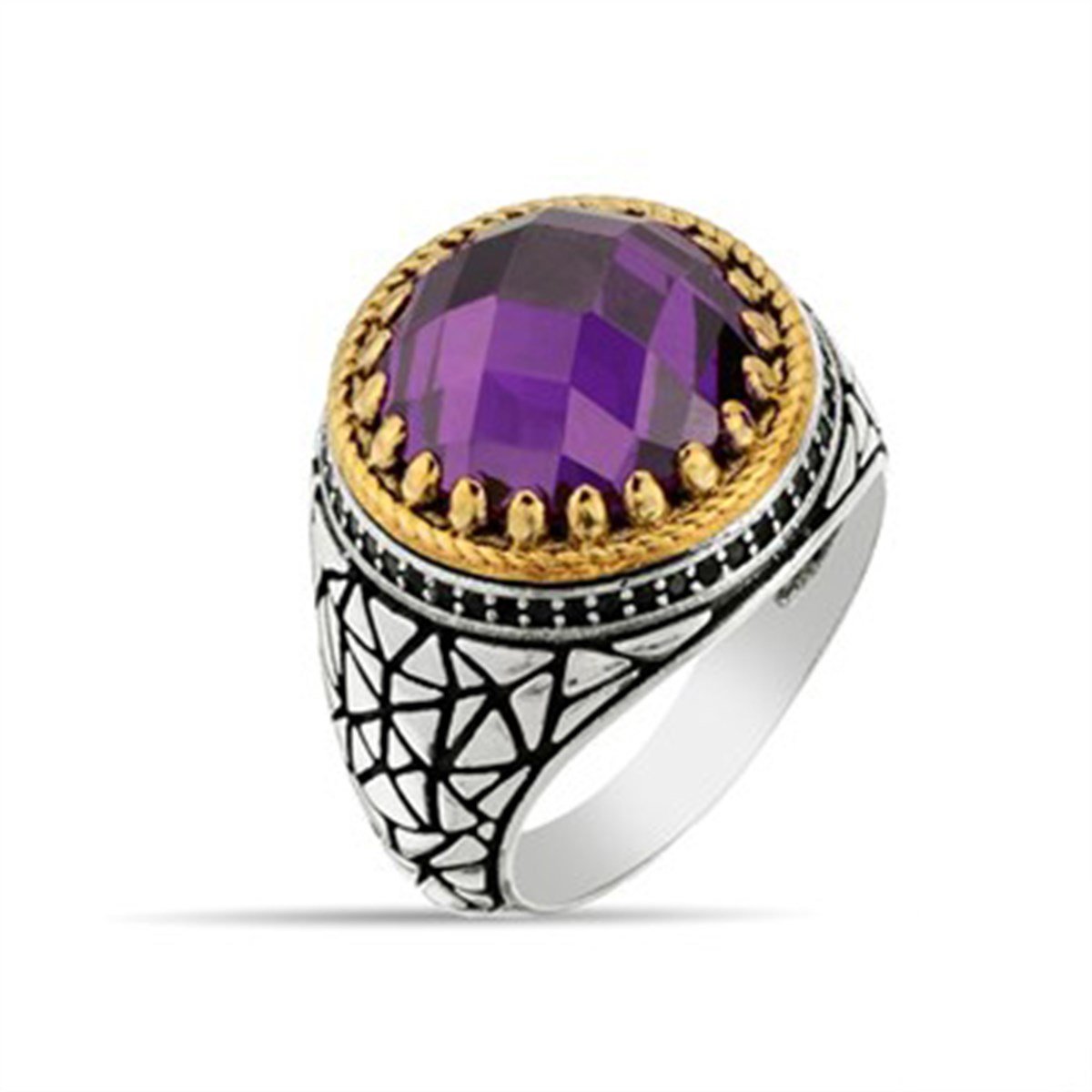Amatist Taşlı Kristal Kesimli 925 Ayar Gümüş Erkek Yüzüğü