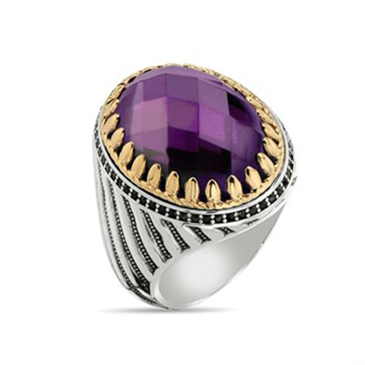 Amatist Zirkon Taşlı Kristal Kesimli 925 Ayar Gümüş Erkek Yüzük