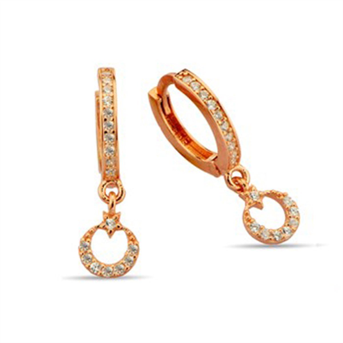 Ay Yıldız Türk Bayrağı Gümüş Roz Kaplamalı Halka Klipsli Küpe