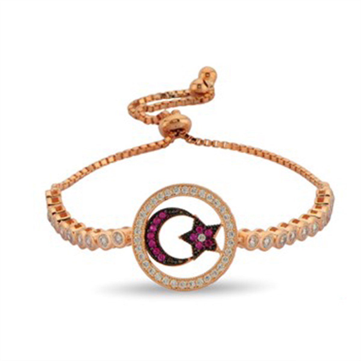 Ay Yıldız Türk Bayrağı Zirkon Taşlı Roz Kaplamalı Ayarlanabilir Asansörlü Gümüş Bileklik