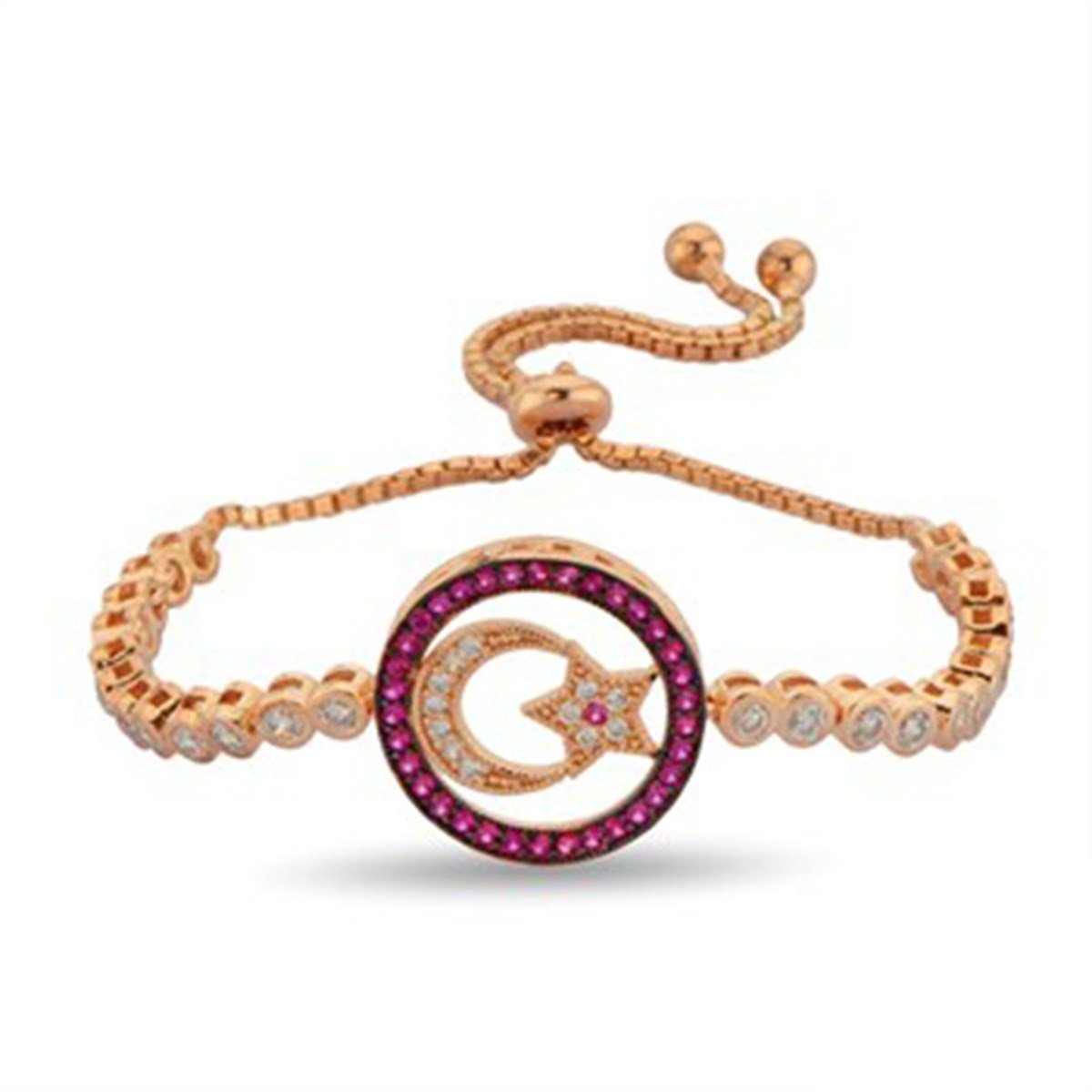 Ay Yıldız Türk Bayrağı Zirkon Taşlı Roz Kaplamalı Ayarlanabilir Asansörlü Gümüş Bileklik