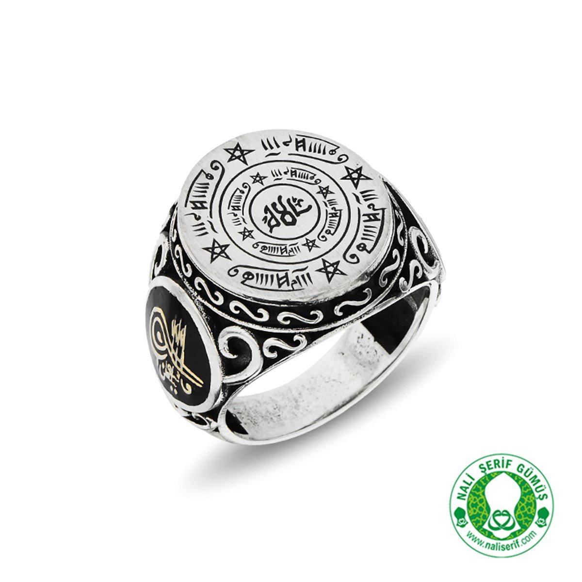 Değişebilir Yan Sembollü Celcelutiye Vefkli 925 Ayar Gümüş Erkek Yüzük