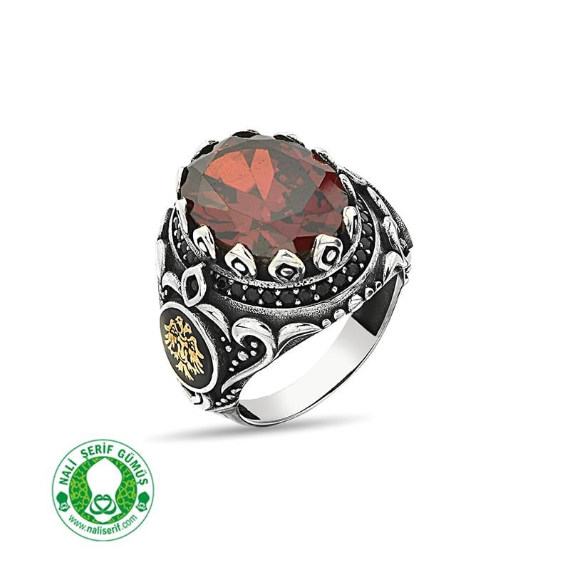 Değişebilir Yan Sembollü Oval Kasalı Kırmızı Garnet Zirkon Taşlı Gümüş Erkek Yüzük