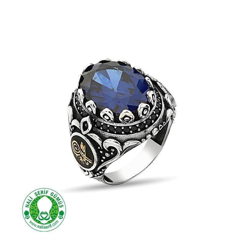 Değişebilir Yan Sembollü Oval Kasalı Safir Taşlı Gümüş Erkek Yüzük