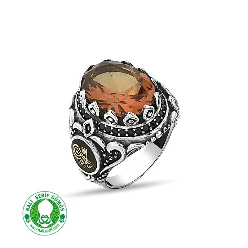 Değişebilir Yan Sembollü Oval Kasalı Zultanit Taşlı Gümüş Erkek Yüzük