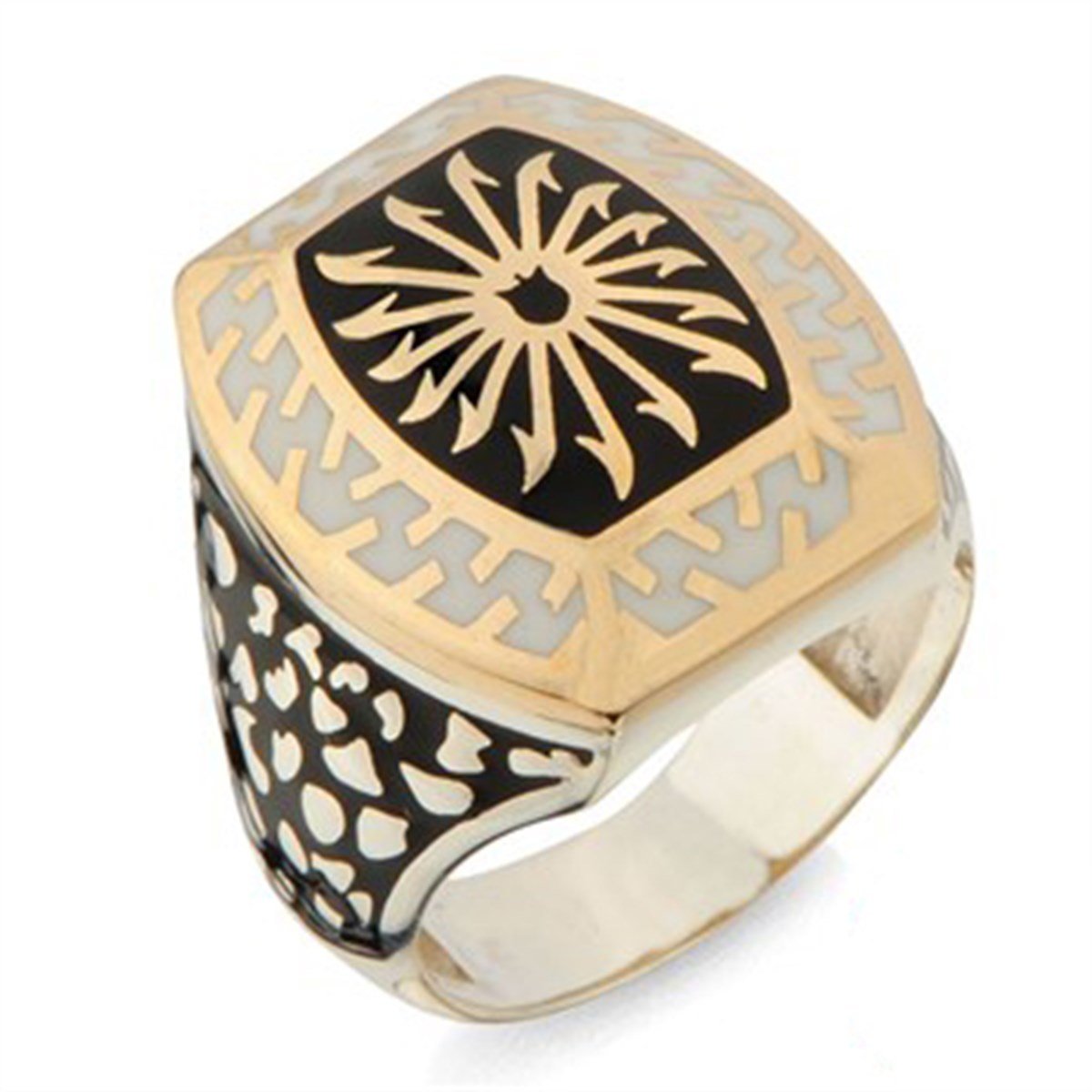 Elif Harf Desenli Siyah Beyaz Mineli Gümüş Erkek Yüzüğü