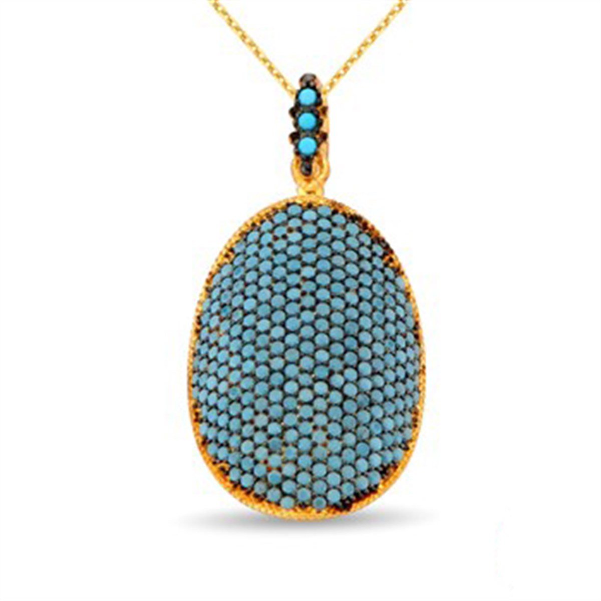 Firuze Turkuaz Taşlı 925 Ayar Gümüş Altın Kaplama Oval Bayan Kolye