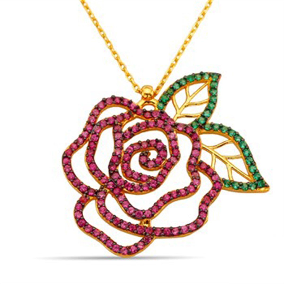 Gül Zümrüt Yeşili Ruby Taşlı Altın Kaplamalı Gümüş Bayan Kolyesi