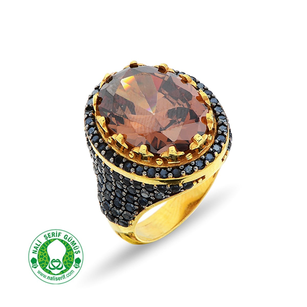 Gümüş Altın Kaplamalı Onixs Siyah Kenar Taşlı 12.16 Brown Oval 925 Ayar Gümüş Bayan Yüzük
