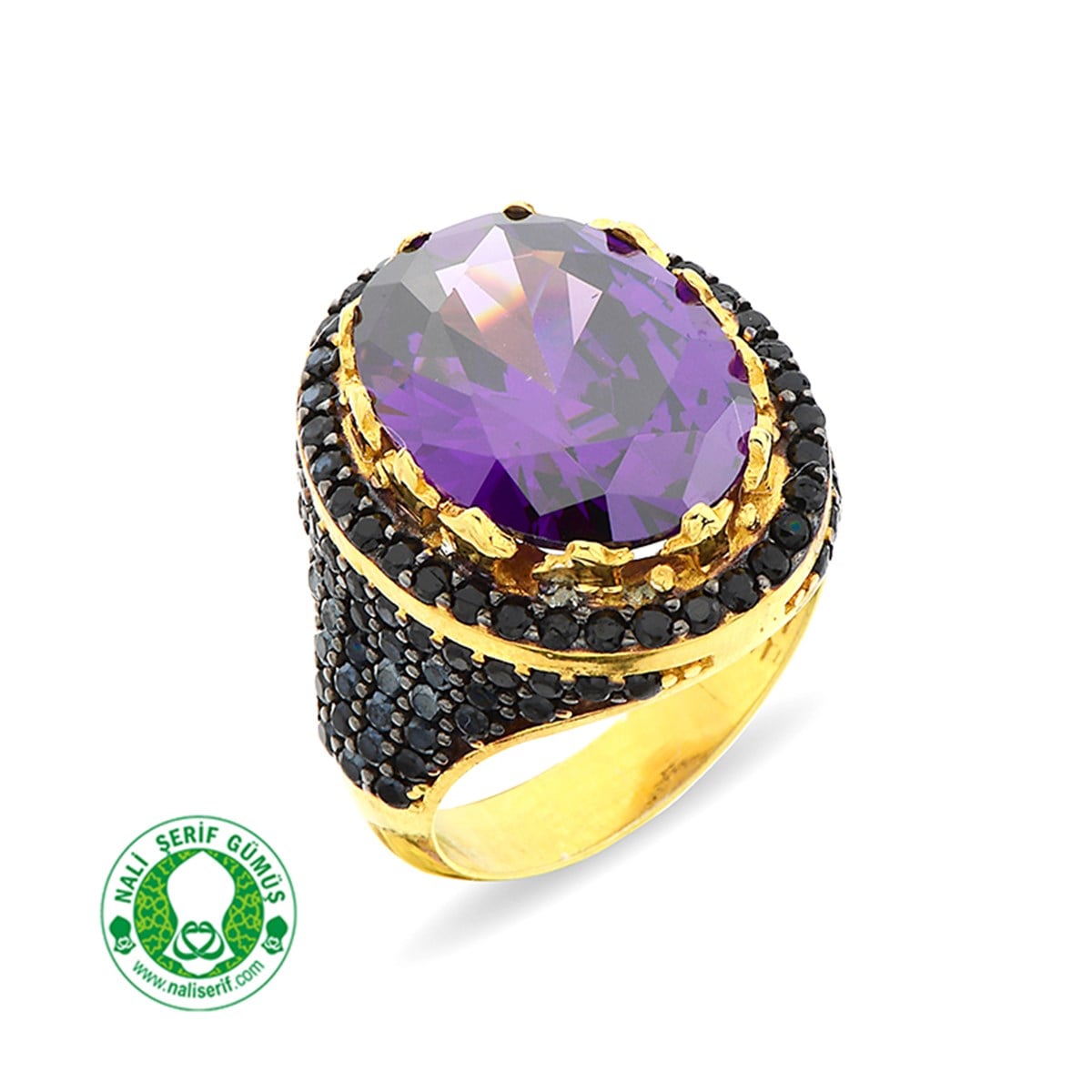 Gümüş Altın Kaplamalı Onixs Siyah Kenar Taşlı 12.16 Amatist Oval 925 Ayar Gümüş Bayan Yüzük