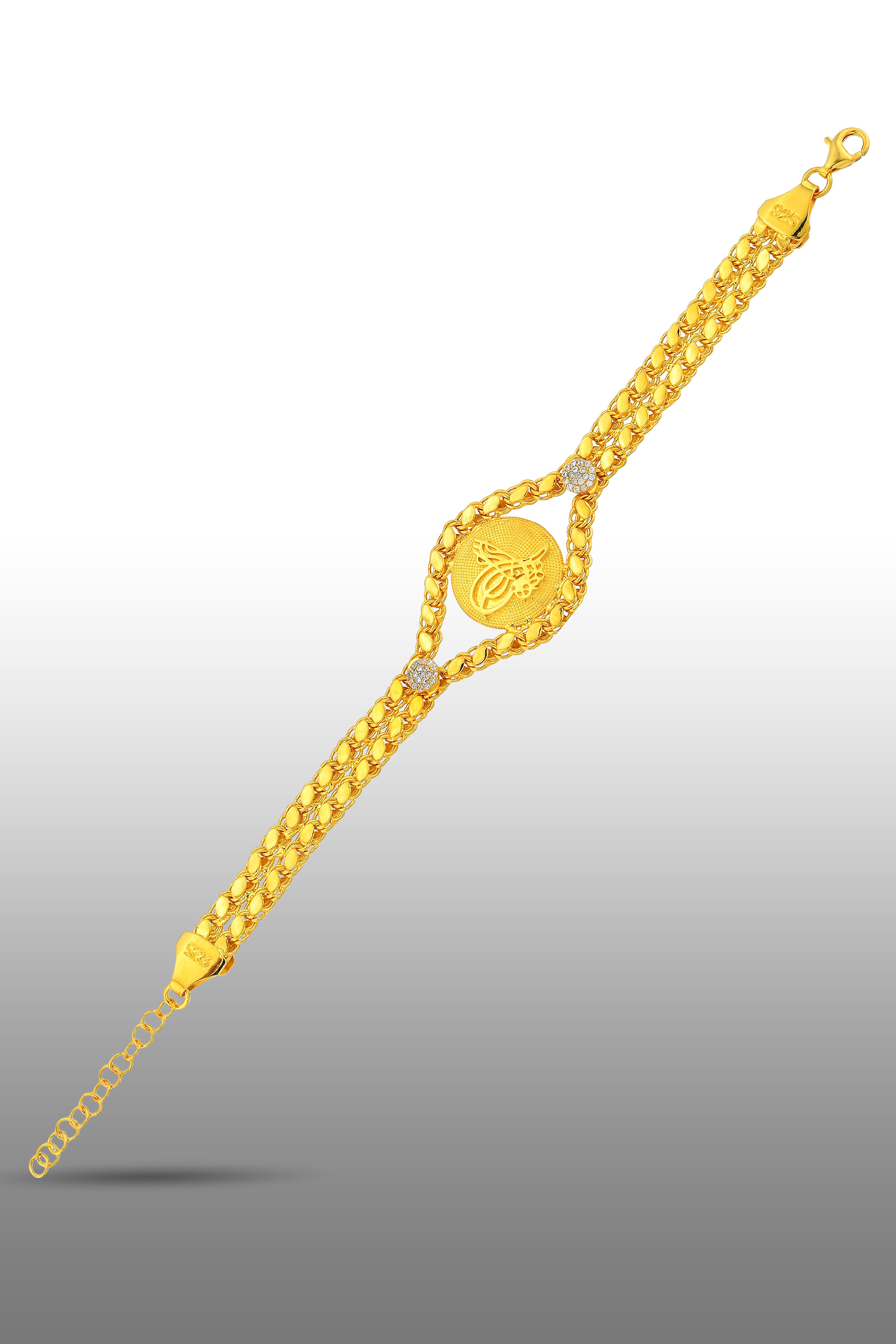 Gümüş Altın Kaplamalı Tuğralı Pullu Zincirli Bileklik