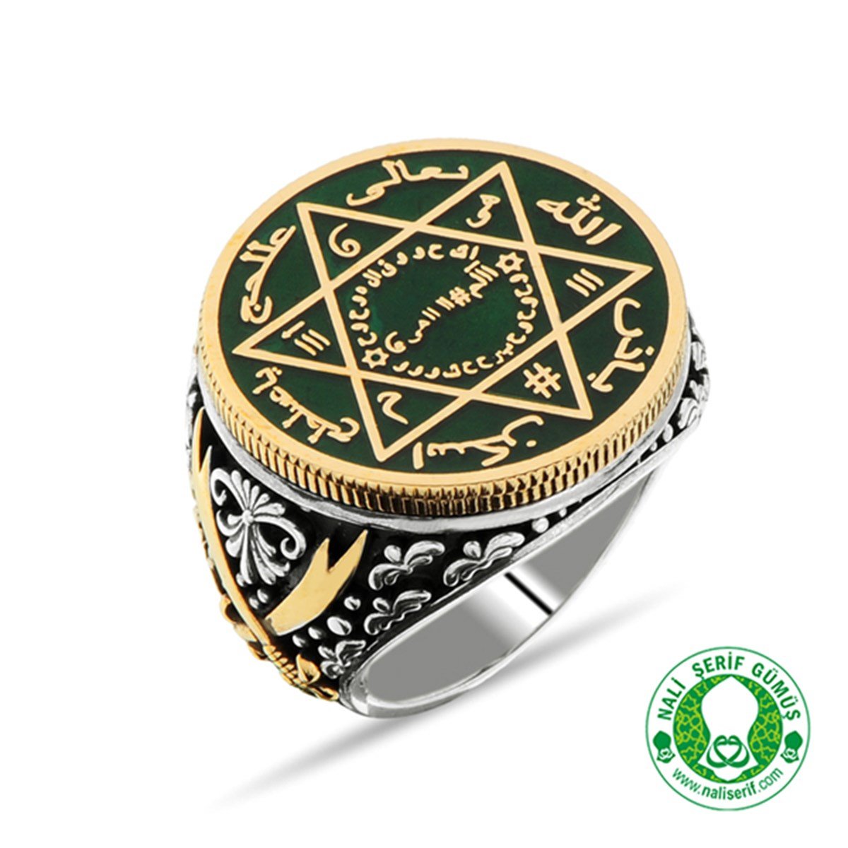 Kabartma Kılınç Kol İşlemeli Yeşil Mineli Tılsımlı Barbaroslar Mührü Süleyman Gümüş Erkek Yüzük