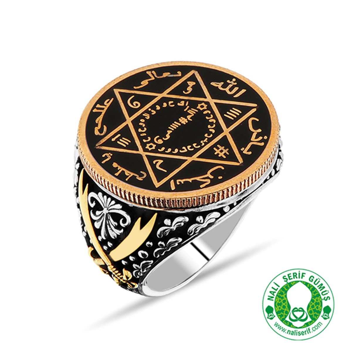 Kabartma Zülfikar Kılınç İşlemeli Siyah Mineli Tılsımlı Barbaroslar Mührü Süleyman Gümüş Erkek Yüzük