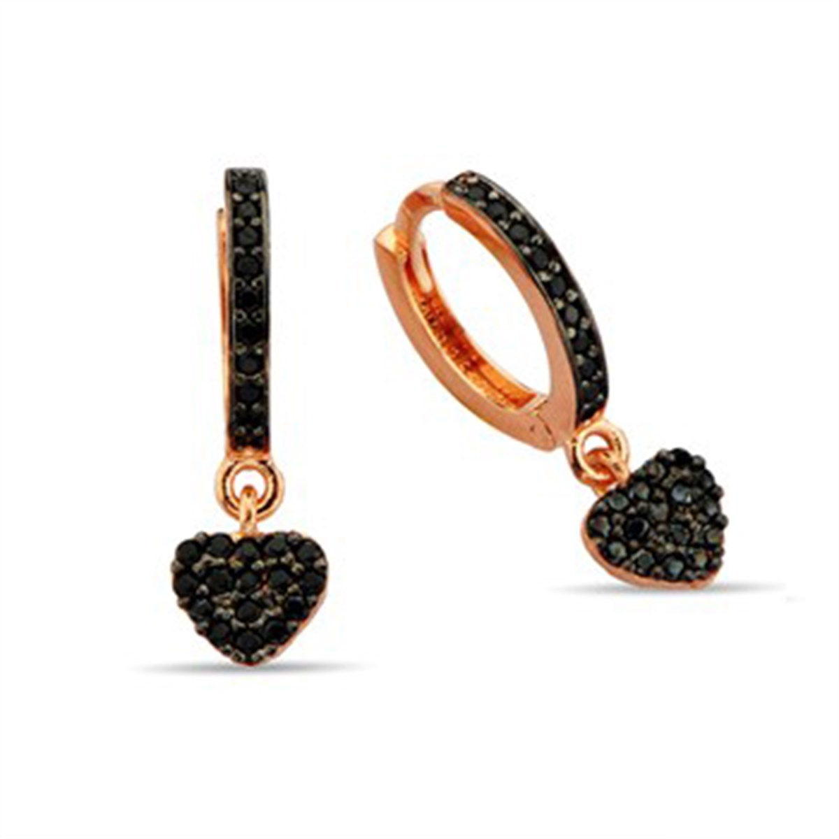 Kalp Onxy Zirkon Taşlı Roz Kaplamalı Gümüş Halka Klipsli Küpe