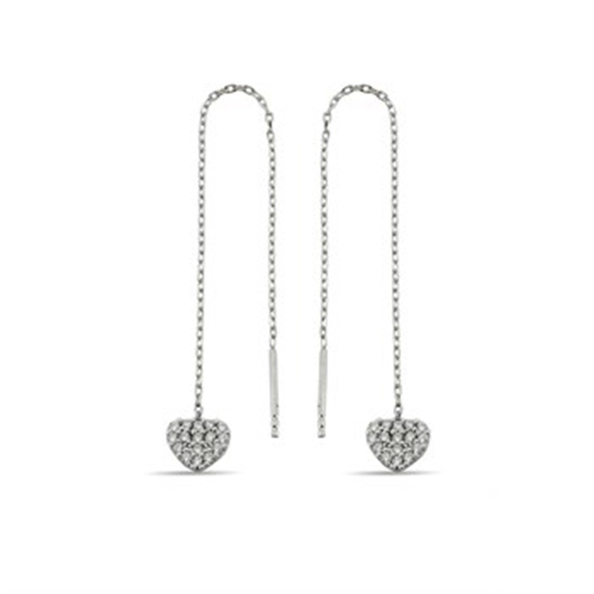 Kalp Zirkon Taşlı Gümüş Zincirli Küpe