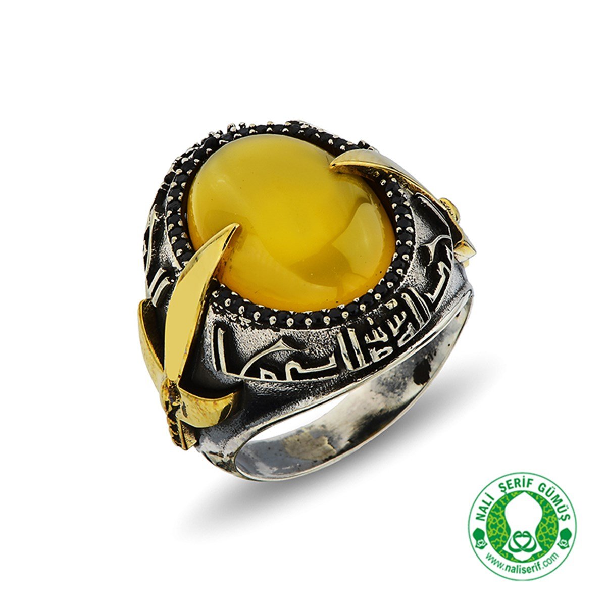 Kılınç Tuğra Kol İşlemeli Kûfi Kelime-i Tevhid Kabartma Yazılı Sarı Akik Taşlı 925 Ayar Gümüş Erkek Yüzük