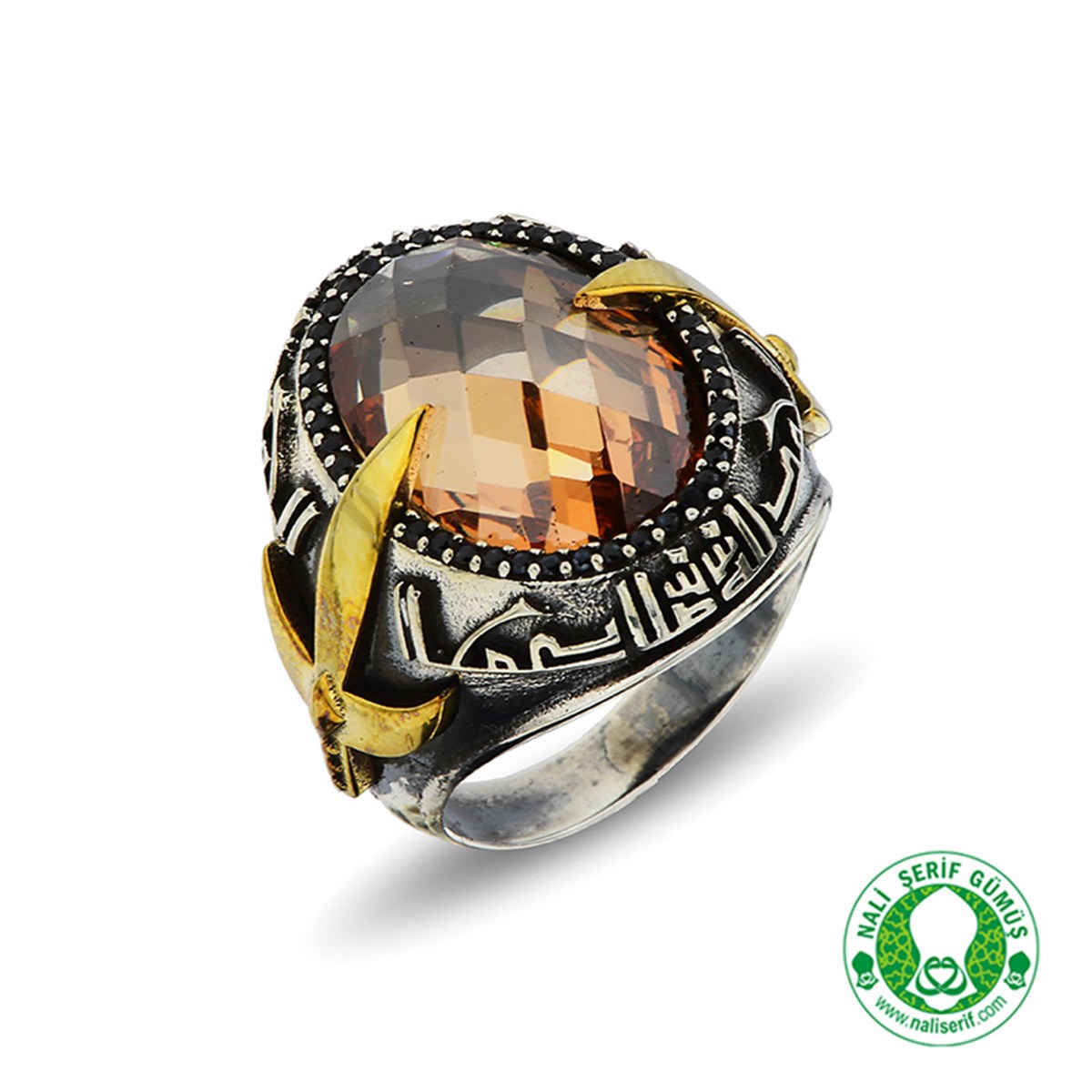 Kılınç Tuğra Kol İşlemeli Kûfi Kelime-i Tevhid Kabartma Yazılı Strin Taşlı 925 Ayar Gümüş Erkek Yüzük