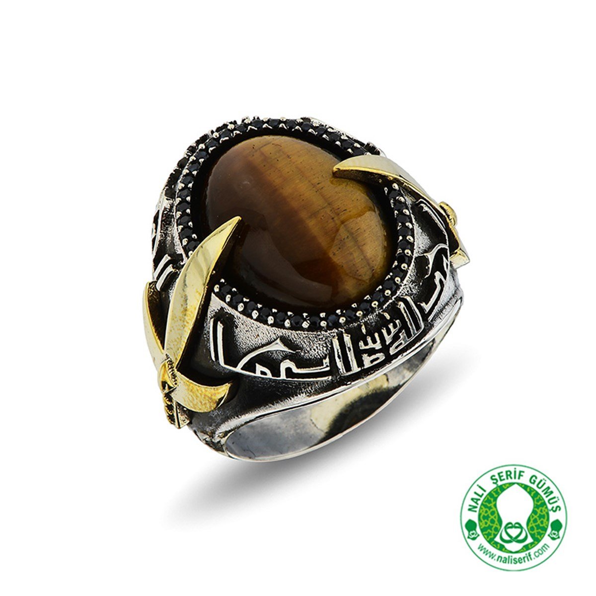 Kılınç Tuğra Kol İşlemeli Kûfi Kelime-i Tevhid Kabartma Yazılı Kaplan Gözü Taşlı 925 Ayar Gümüş Erkek Yüzük