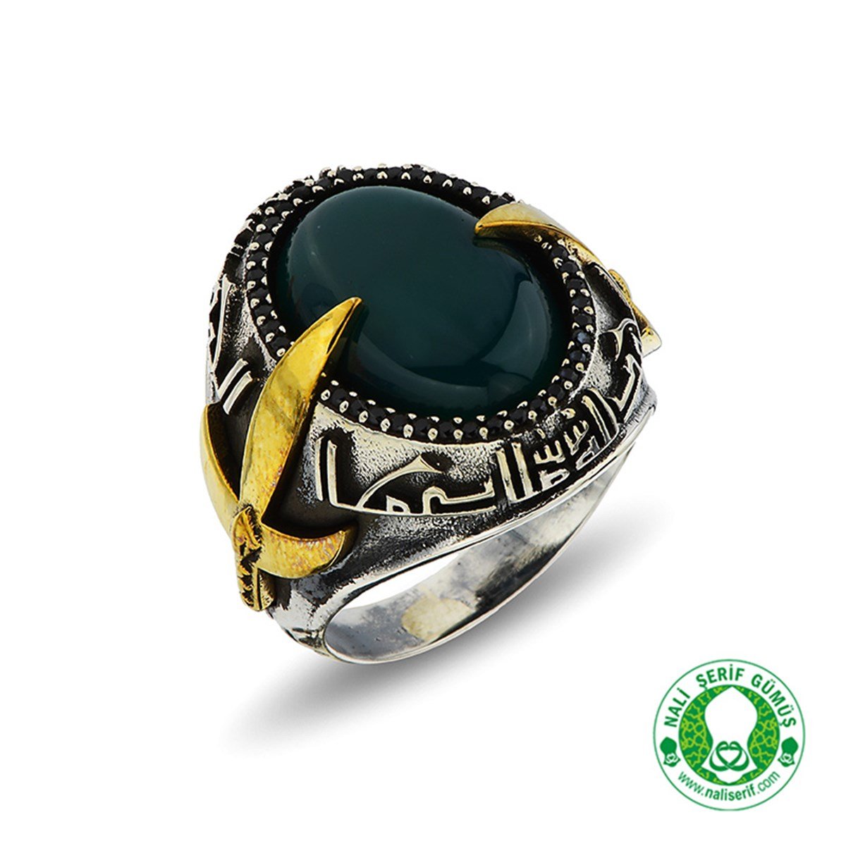 Kılınç Tuğra Kol İşlemeli Kûfi Kelime-i Tevhid Kabartma Yazılı Yeşil Akik Taşlı 925 Ayar Gümüş Erkek Yüzük