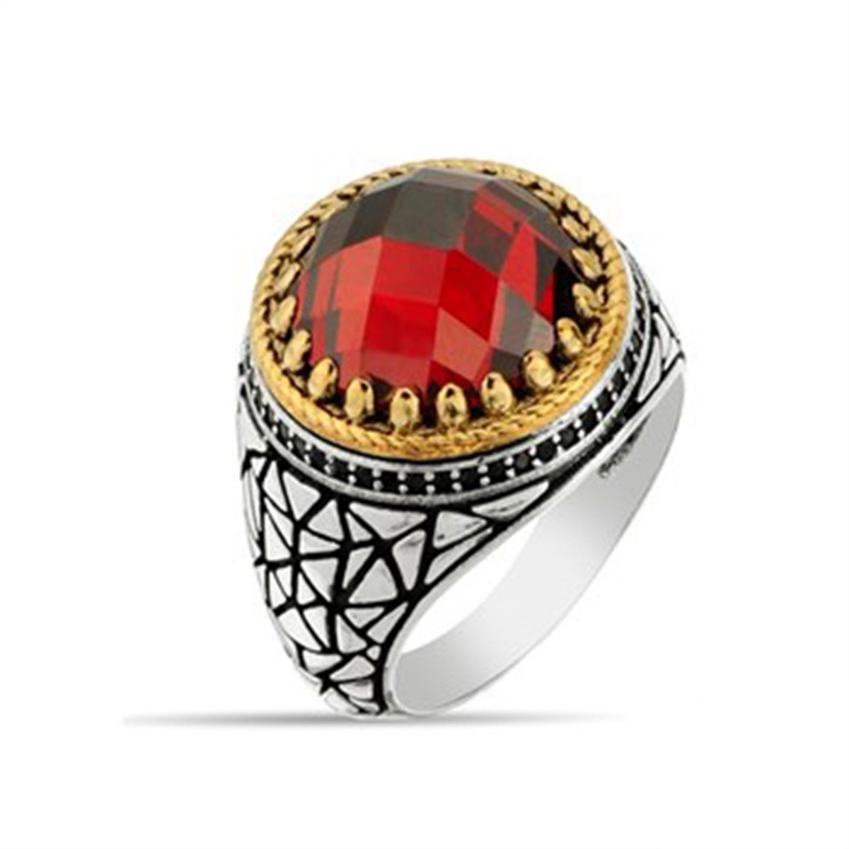 Kırmızı Garnet Kristal Kesimli 925 Ayar Gümüş Erkek Yüzük