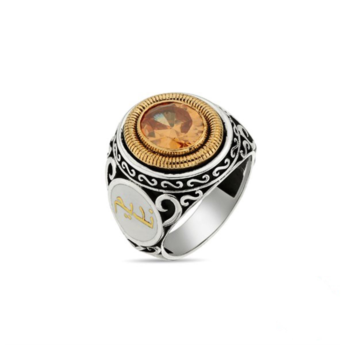 Kişiye Özel İsimli Kristal Taşlı 925 Ayar Gümüş Erkek Yüzüğü