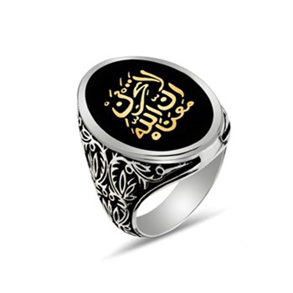 La Tahzen İnnallahe Meane yazılı Siyah 925 Ayar Gümüş Erkek Yüzük
