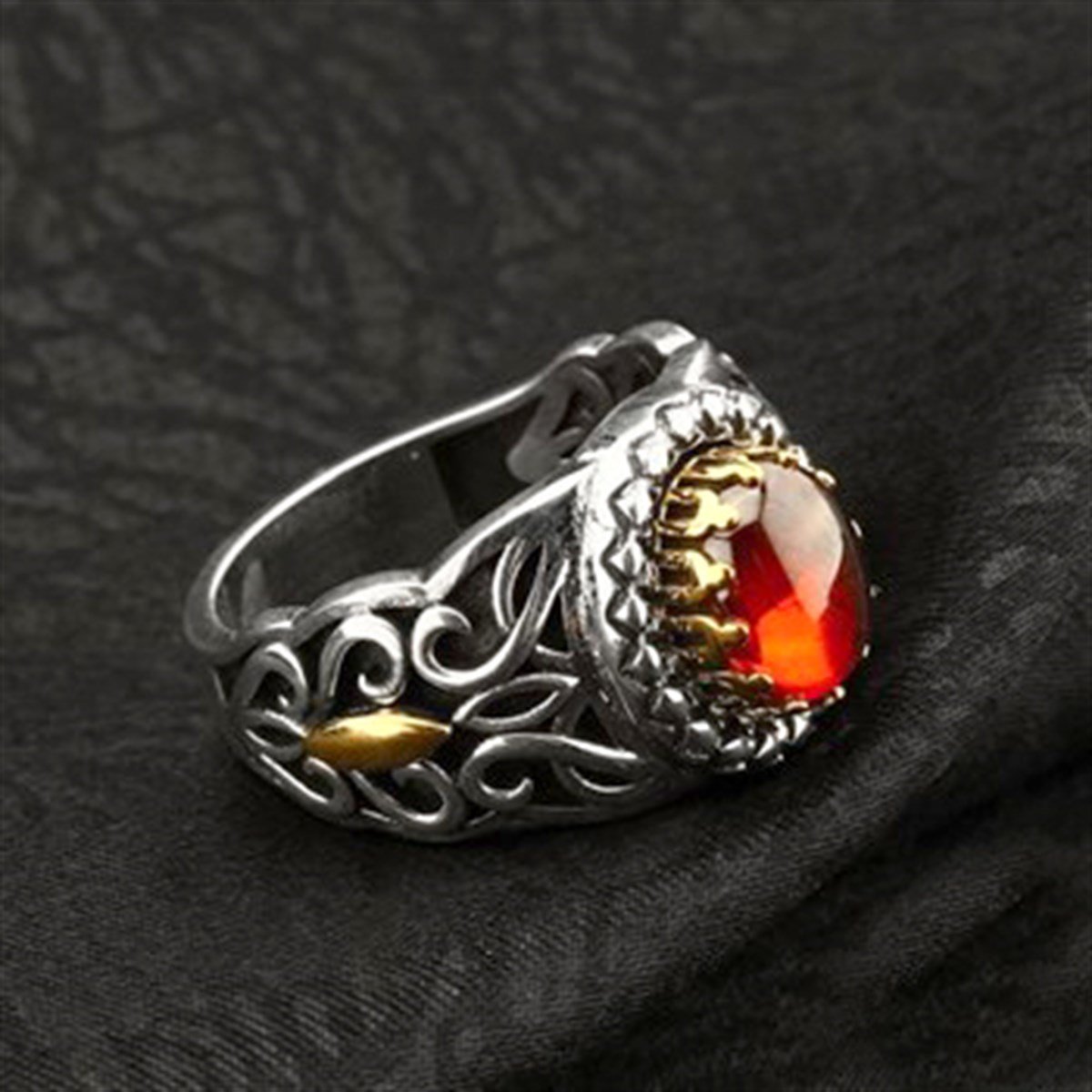 Lal Kırmızı Taşlı 925 Ayar Gümüş Erkek Yüzük