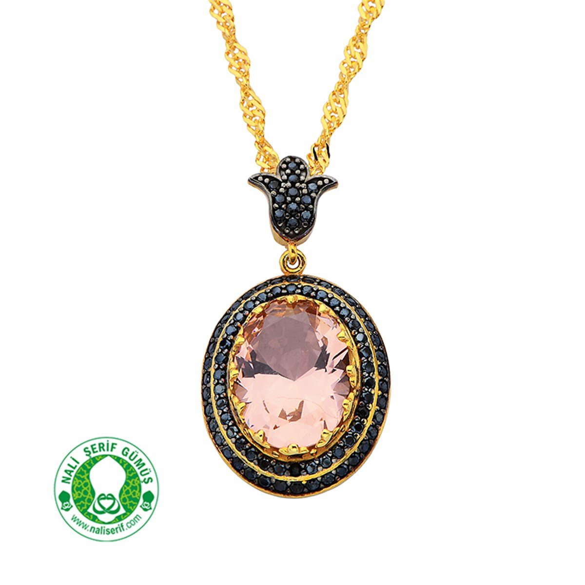 Lale Zincir Sallantılı Onixs Siyah Kenar Taşlı 12.16 Strin Oval Taşlı Gümüş Altın Kaplamalı Bayan Kolye
